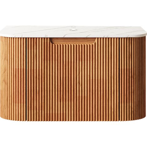 Meuble vasque mural de 61 cm, plan de travail blanc Carrara, caisson en contreplaqué à bords arrondis avec tiroir, vasque non incluse, pré-assemblé, aspect bois naturel.