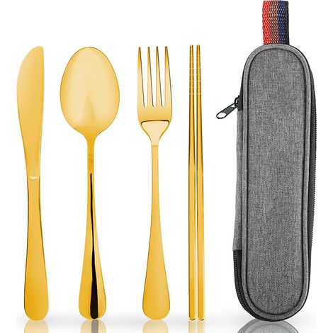 Couverts en Acier Inoxydable avec Étui de Transport - Cuillère, Fourchette, Couteau et Baguettes - Doré (1/5)
