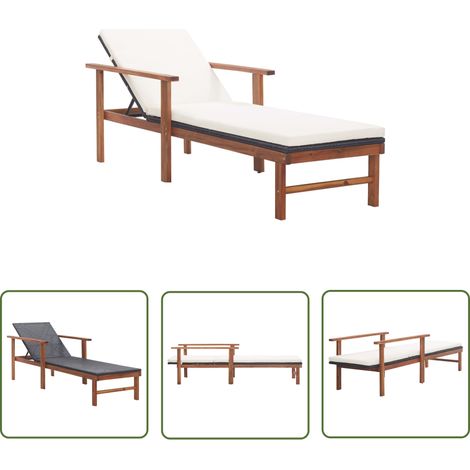 The Living Store Chaise longue et coussin Résine tressée et bois d'acacia Noir - Chaise Longue - Transat - Mobilier De Jardin - Salon De Jardin - Bain De Soleil (1/6)