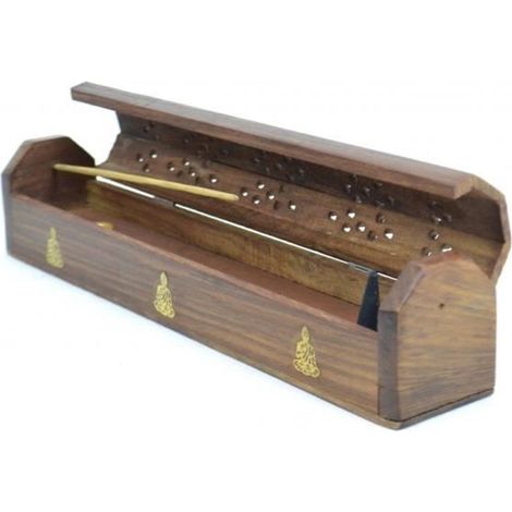 Räucherstäbchenhalter mit Aufbewahrungsbox aus Holz, Buddha-Motiv. Braun.