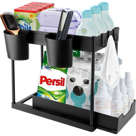 – Organisateur sous évier 2 niveaux – Tiroir coulissant amovible – Plastique ABS et acier inoxydable – Pour cuisine et salle de bain – Noir (1/5)