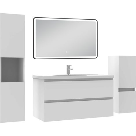 Ocean Meuble salle de Bain 100cm avec colonne + miroir mural lumineux 3 couleurs blanc (1/5)