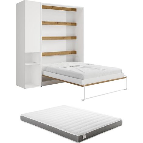 Letto a scomparsa verticale 140 x 200 cm 1 colonna contenitore Con LED Bianco e naturale + Materasso - RAPILI