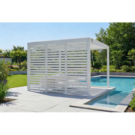 Pergola bioclimatique autoportée 3x3m PIANA aluminium blanc avec 3 persiennes brise-vue