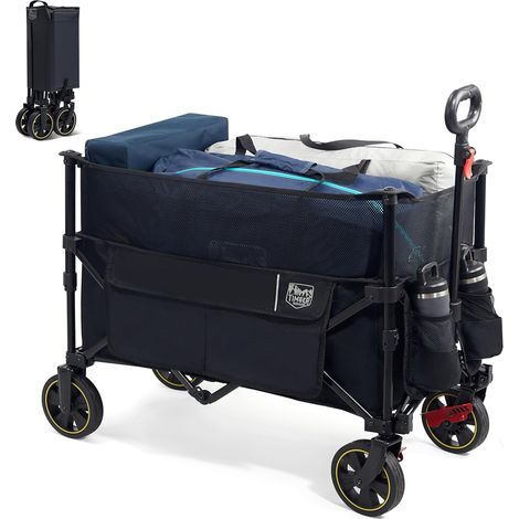 Chariot à 4 roulettes avec Frein Grande Capacité 225L, Chariot de Plage Pliable Tout Terrain avec Haut Réglable pour Jardin, Pique-Nique, Shopping 225L Pliable, Poignée Réglable, Porte-gobelet, pour (1/5)