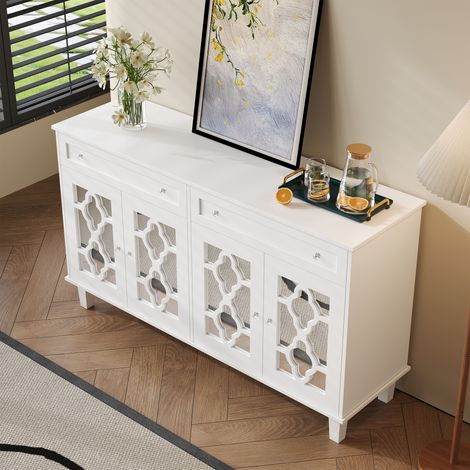 Buffet 140x40x83cm 4 portes miroir poignées cristal élégant structure MDF blanc (1/5)