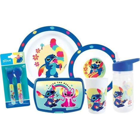 Lot vaissele - FUN HOUSE - STITCH ET ANGEL - Verre, assiette Ø22 cm et Ø16 cm, couverts, gourde et boite goûter (1/5)