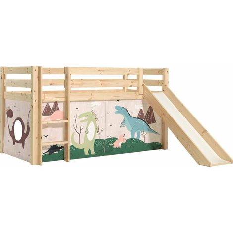 Lit Enfant Surélevé Avec Toboggan "Pino Dino" 90x200cm Naturel (1/2)