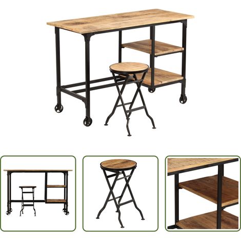 Mangoholz - Schreibtisch mit Klapphocker Mangoholz Massiv 115x50x76 cm (1/5)