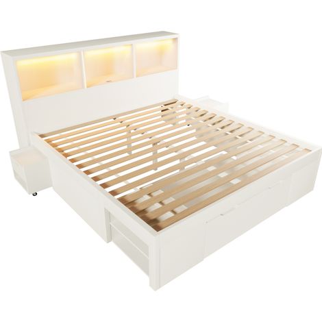 Cama 140 x 190 cm blanca con espacio de almacenamiento, LED, USB-C y 2 mesitas móviles (1/5)