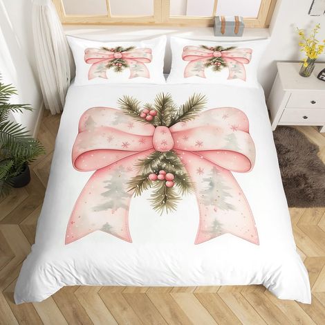 Housse de Couette 140x200 Fille Nœud Papillon Noël Rose, Parure de Lit Noeud de Papillon Kawaii pour Enfant, Sets de Housses de Couettes Arbre de Noël, Couvre Lit Princesse Rose Kawaii - 140x200cm + 1 (1/5)