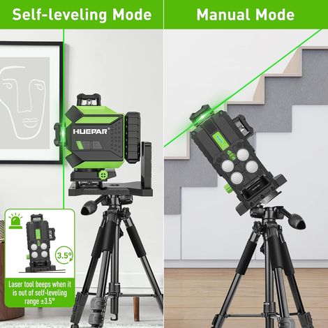 Huepar – Niveau laser 4D vert auto-nivelant 16 lignes – 2 plans horizontaux et verticaux – Batterie Li-ion 6600mAh – Support magnétique intégré – Étui de transport rigide