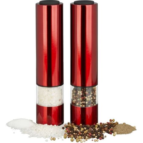 Relaxdays Moulin à sel électrique, poivre, épices, salière, poivrier inox, meule en céramique, lot de 2 LED piles, rouge (1/5)