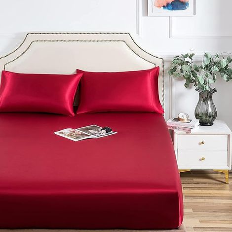 Drap-housse satin 160x200 cm Rouge Bordeaux Satin Drap-housse satin matelas 25 cm (1/3)