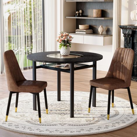 Conjunto de mesa redonda de 100 cm y 2 sillas de tela marrón con patas de metal negro HAVRYA (1/5)