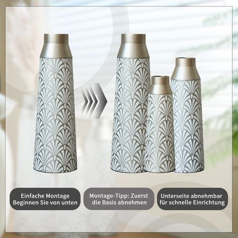 Lot de 3 grands vases de sol en métal, décoratifs modernes blanc et argent, motif éventail, style semi-artisanal, parfaits pour séjour, couloir ou entrée, hauteurs 43,5/51/61 cm. (1/5)