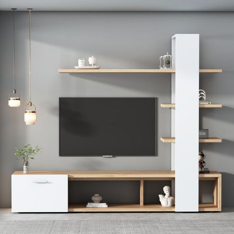 Ensemble mural tv 180x33.5x151.5 cm – chêne et blanc, meuble moderne pour tv jusqu’à 60 pouces (1/5)