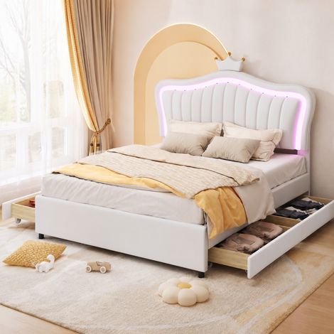 Cama infantil 140x200 cm con cabecero corona, LED, 4 cajones, blanca, PU, sin colchón FloraGrace (1/5)