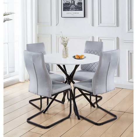 Hallowood Furniture Cullompton Round Dining Table and Chairs Set 4, White Marble Effect Small Table and Chairs for 4 with Light Grey, High-Bac, Cantilever Design, Ideal for Home or Café