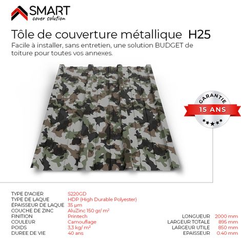 Bravo The Smart Solution – Tôle bac acier toiture TR25 coloris camouflage – Dimensions 2000x895mm – Plaque de couverture pour structures légères – Facile à installer (1/2)