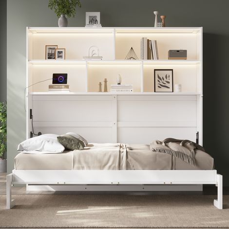 Lit escamotable 90x200 cm avec rangements,LED,USB/Type-C et prises,sommier à lattes,bois massif et MDF blanc (1/5)