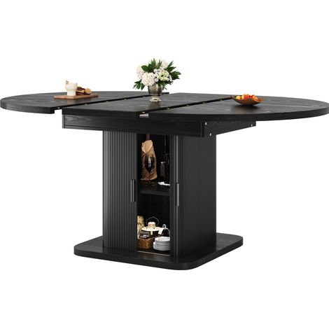 Table à manger ovale extensible avec rangement, portes coulissantes, plateau MDF noir, design gain de place pour 4 à 6 personnes - CHICFURN (1/5)