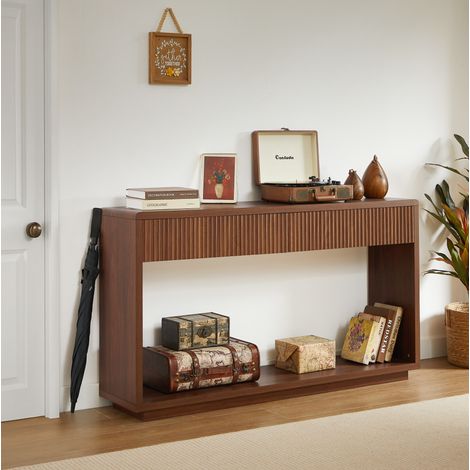 Consolle da ingresso 150 x 35 x 85 cm con 2 cassetti, nicchia a giorno, pannelli scanalati, colore noce (1/5)