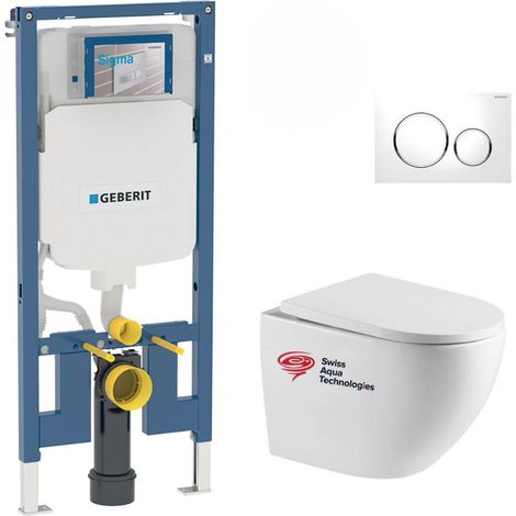 Pack WC Bati-support Geberit extra-plat + WC sans bride Swiss Aqua Technologies+ Plaque