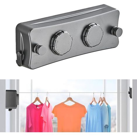 Tendedero retráctil de pared con 2 cuerdas de acero inoxidable de 5 m, ajustable y extensible para uso interior y exterior. (1/5)