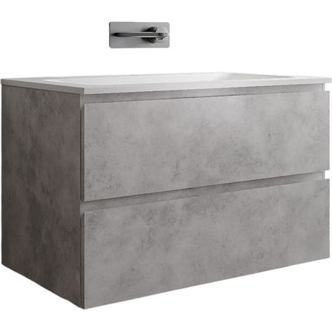 BERNSTEIN - Meuble vasque de salle de bain MDF aspect béton avec lavabo fonte minérale Blanc mat - 80x45,6x50cm - AVA BRUXELLES - Béton, Blanc mat sans trou pour robinetterie