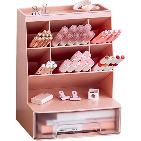 Organizzatore da scrivania con 6 scomparti e cassetto, portapenne multifunzionale per ufficio e casa, rosa (1/5)