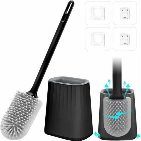 Toilettenbürste, Silikon-Toilettenbürste, Hänge-Toilettenbürste mit Schnelltrocknungshalterung, Silikon-Toilettenbürste und Wand-/Bodenhalterungen, Badezimmer-Toilettenbürste, Schwarz-Crezuo