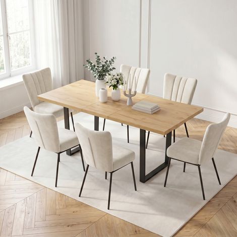 HIPIHOM Ausziehbarer Esstisch mit eichenfarbener MDF-Platte und U-förmigen Beinen aus schwarzem Metall, 130 cm bis 170 cm, 85 cm breit (Esstisch, 6 Stühle, Beige)