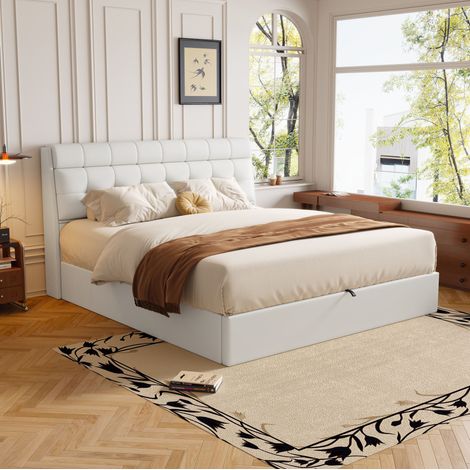 Bett modern 140x190 cm in Weiß aus PU, mit Kopfteil-Stauraum, hydraulischem Bettkasten und Lattenrost (1/5)