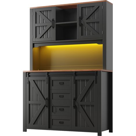 Aparador alto de cocina con puertas correderas y LED 115 x 40 x 174,7 cm MDF negro HOMVRA (1/5)