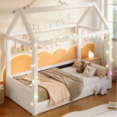 Tagesbett 90/200 cm beige aus MDF und Leinen mit LED-Licht und Hausdesign (1/5)