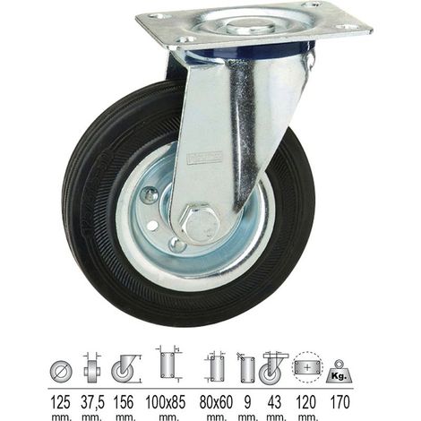 Roue Industrielle Plaque Caoutchouc Noir 125 mm.
