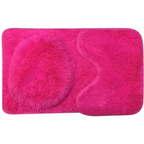 Tapis de Salle de Bains, 3Pcs Bath Mat Antidérapant Doux et Absorbant Tapis & Couvercle Toilette Couvercle Set Lavable-Rose (1/4)