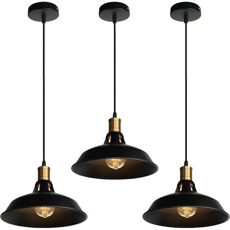Lampadario industriale vintage Lampada a sospensione Plafoniera E27 Soggiorno Paralume in metallo Design stile nordico retrò Cavo regolabile (Nero, 3 pezzi) (1/4)