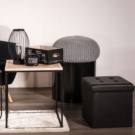 Pouf coffre pliant 38 cm en PU noir