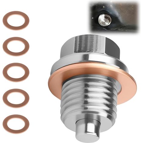 Bouchon de Vidange Huile M14x1.5 Magnétique avec 5 Joints Cuivre, Bouchon Vidange Huile Moteur Moto et Voiture, Bouchon de Vidange Moteur Anti-Fuite pour Entretien et Protection Moteur (1/5)
