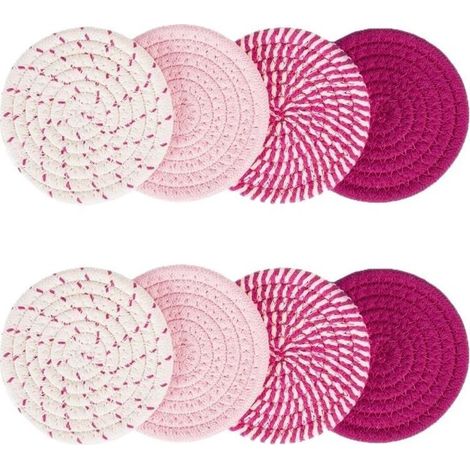 Sous-Verre - Coton Tissé Main - Diamètre 11 cm - Style Bohème Minimaliste - Protection Table Bois Céramique Verre - Lot de 8 avec Support Métal Noir (1/5)
