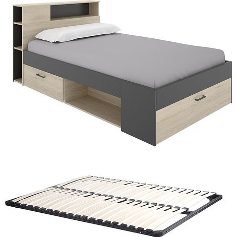 Letto con testata con vani portaoggetti e cassetti 120 x 190 cm Naturale e Antracite + Rete - LEANDRE