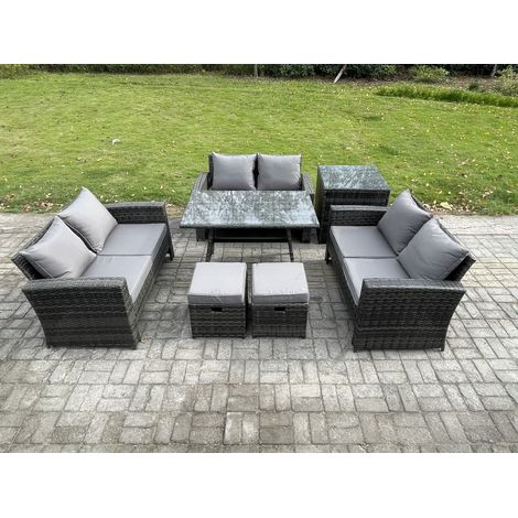 Fimous 7 PCS Garten Sofa im Freien Set Polyrattan Gartenmöbel Set mit Rechteckiger Esstisch Loveseat Sofa Beistelltisch 2 kleine Fußhockern Dunkelgrau Gemischt (1/5)