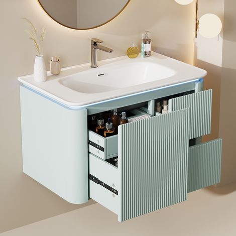 Meuble de salle de bain [Suspendu / Sur pied] Laqué 80.5x47.5x51 cm - Meuble sous vasque avec Vasque intégrée, Tiroirs Soft Close et LED Détecteur - Vert (1/5)