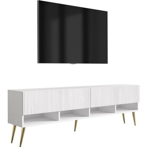 Meuble TV avec façades rainurées, blanc mat, pieds inclinés dorés, 170 × 32 × 52 cm (1/5)