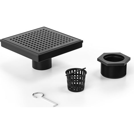 Bonde de sol carrée pour douche, en acier inoxydable 304, 6 pouces, couleur noir mat, avec récupérateur de cheveux.-AquaForge (1/5)