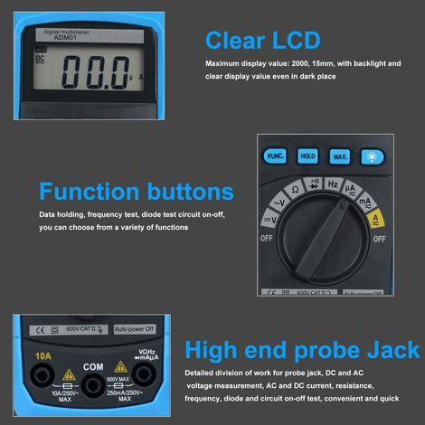 ADM01 DMM Digitalmultimeter mit Hand-LCD-Bildschirm, automatischer Bereichswahl, AC/DC-Spannungsmessung, Temperaturmessung, doppeltem Isolationsschutz, Strom-, Widerstands-, Durchgangs-, Frequenz- und (1/5)
