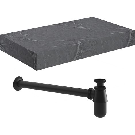 Signature Grove Wall Hung Basin Shelf with Black Bottle Trap 800mm Wide - Grey Marble (1/2)