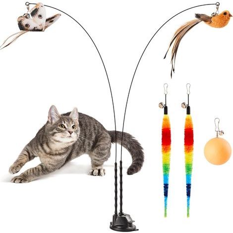 Baguette à ventouse pour chat, double baguette interactive, jouet pour chat d'intérieur avec 5 boules de plumes, base charbon (1/5)